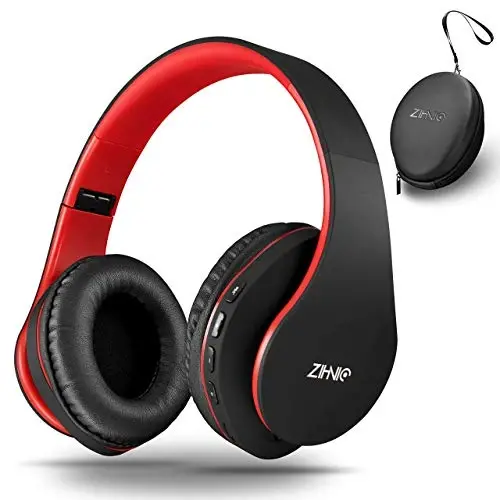 ZIHNIC Bluetooth Headphones Over-Ear, Foldable Wireless and Wired Stereo Headset Micro SD/TF, FM for Cell Phone,PC,Soft Earmuffs &Light Weight for Prolonged Wearing (Black/red) 