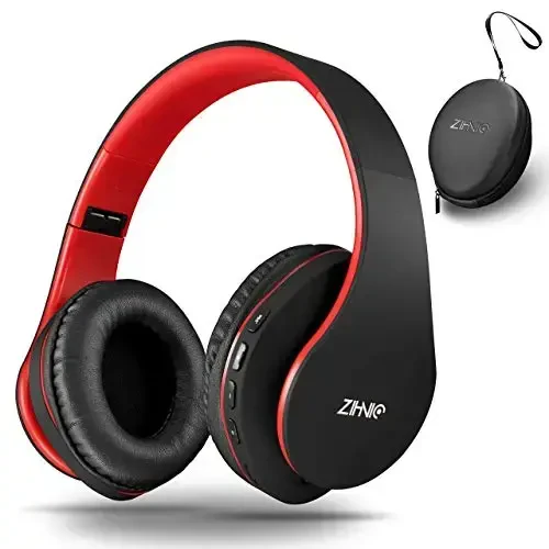 ZIHNIC Bluetooth Headphones Over-Ear, Foldable Wireless and Wired Stereo Headset Micro SD/TF, FM for Cell Phone,PC,Soft Earmuffs &Light Weight for Prolonged Wearing (Black/red) - 1