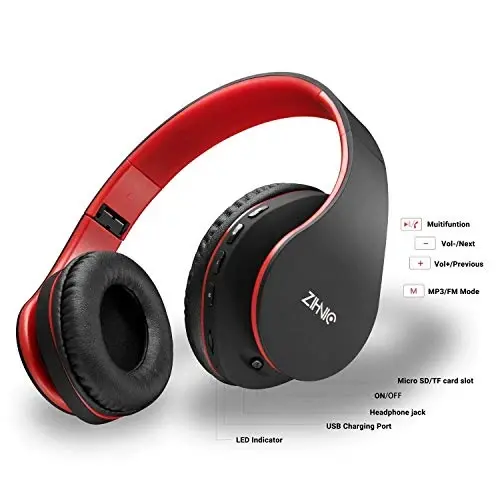 ZIHNIC Bluetooth Headphones Over-Ear, Foldable Wireless and Wired Stereo Headset Micro SD/TF, FM for Cell Phone,PC,Soft Earmuffs &Light Weight for Prolonged Wearing (Black/red) - 3