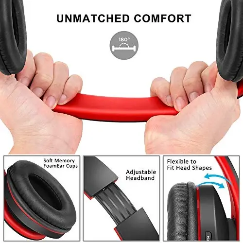 ZIHNIC Bluetooth Headphones Over-Ear, Foldable Wireless and Wired Stereo Headset Micro SD/TF, FM for Cell Phone,PC,Soft Earmuffs &Light Weight for Prolonged Wearing (Black/red) - 5