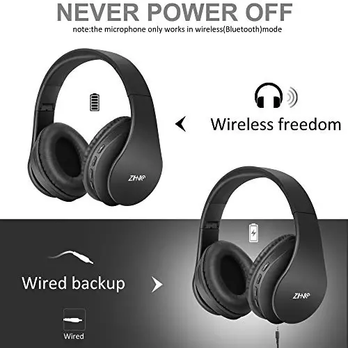 ZIHNIC Bluetooth Headphones Over-Ear, Foldable Wireless and Wired Stereo Headset Micro SD/TF, FM for Cell Phone,PC,Soft Earmuffs &Light Weight for Prolonged Wearing (Black) - 3