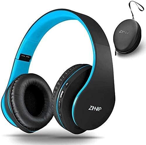 ZIHNIC Bluetooth Headphones Over-Ear, Foldable Wireless and Wired Stereo Headset Micro SD/TF, FM for Cell Phone,PC,Soft Earmuffs &Light Weight for Prolonged Wearing (Black/Blue) - ZIHNIC