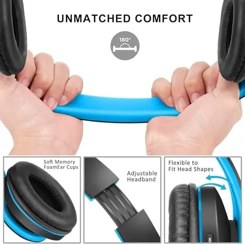 ZIHNIC Bluetooth Headphones Over-Ear, Foldable Wireless and Wired Stereo Headset Micro SD/TF, FM for Cell Phone,PC,Soft Earmuffs &Light Weight for Prolonged Wearing (Black/Blue) - 3