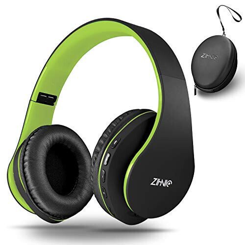 ZIHNIC Bluetooth Headphones Over-Ear, Foldable Wireless and Wired Stereo Headset Micro SD/TF, FM for Cell Phone,PC,Soft Earmuffs &Light Weight for Prolonged Wearing(Black/Green) - ZIHNIC