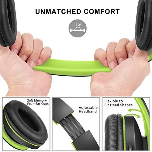 ZIHNIC Bluetooth Headphones Over-Ear, Foldable Wireless and Wired Stereo Headset Micro SD/TF, FM for Cell Phone,PC,Soft Earmuffs &Light Weight for Prolonged Wearing(Black/Green) - 2