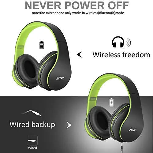 ZIHNIC Bluetooth Headphones Over-Ear, Foldable Wireless and Wired Stereo Headset Micro SD/TF, FM for Cell Phone,PC,Soft Earmuffs &Light Weight for Prolonged Wearing(Black/Green) - 3