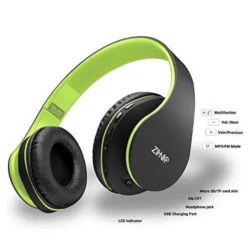 ZIHNIC Bluetooth Headphones Over-Ear, Foldable Wireless and Wired Stereo Headset Micro SD/TF, FM for Cell Phone,PC,Soft Earmuffs &Light Weight for Prolonged Wearing(Black/Green) - 5