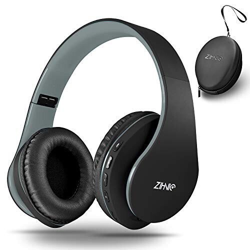 ZIHNIC Bluetooth Headphones Over-Ear, Foldable Wireless and Wired Stereo Headset Micro SD/TF, FM for Cell Phone,PC,Soft Earmuffs &Light Weight for Prolonged Wearing(Black/Gray) - ZIHNIC