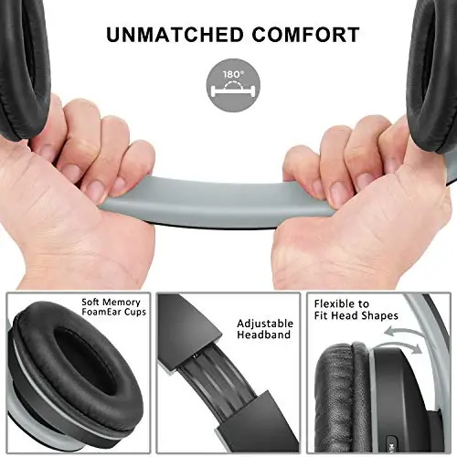 ZIHNIC Bluetooth Headphones Over-Ear, Foldable Wireless and Wired Stereo Headset Micro SD/TF, FM for Cell Phone,PC,Soft Earmuffs &Light Weight for Prolonged Wearing(Black/Gray) - 2