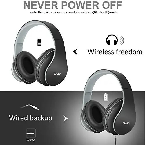 ZIHNIC Bluetooth Headphones Over-Ear, Foldable Wireless and Wired Stereo Headset Micro SD/TF, FM for Cell Phone,PC,Soft Earmuffs &Light Weight for Prolonged Wearing(Black/Gray) - 3