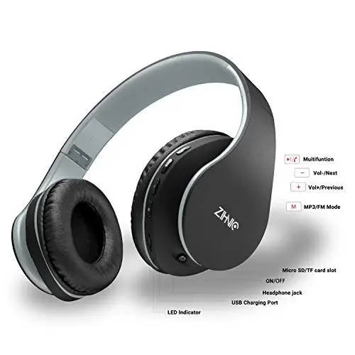 ZIHNIC Bluetooth Headphones Over-Ear, Foldable Wireless and Wired Stereo Headset Micro SD/TF, FM for Cell Phone,PC,Soft Earmuffs &Light Weight for Prolonged Wearing(Black/Gray) - 4