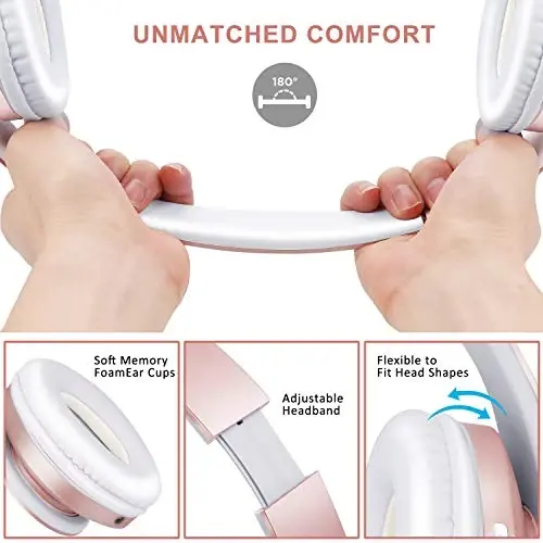 ZIHNIC Bluetooth Quloqchinlari Quloq Usti, Katlanadigan Simsiz va Simli Stereo Quloqchin Mikro SD/TF, FM Mobil Telefon, Kompyuter, Yumshoq Quloqchinlar va Uzoq Vaqt Kiyilishi Uchun Yengil (Gulabi Oltin) - 4
