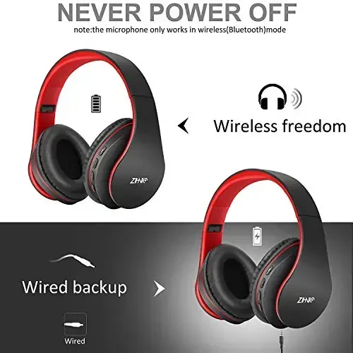 ZIHNIC Bluetooth quloqchinlari, quloq ustida katlanadigan simsiz va simli stereo гарнитура Micro SD/TF, mobil telefon, kompyuter uchun FM, yumshoq quloqchinlar va uzoq vaqt davomida kiyish uchun engil vazn (qora/qizil) - 2