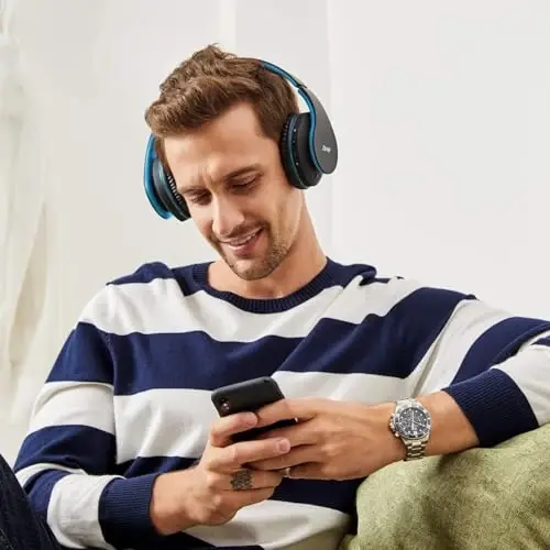 ZIHNIC Bluetooth Quloqchinlari Quloq Ustiga, Katlanuvchan Simsiz va Simli Stereo Quloqchin Mikro SD/TF, FM Mobil Telefon, Kompyuter, Yumshoq Quloqchalar va Uzoq Vaqt Kiyish Uchun Yengil (Qora/Ko'k) - 4