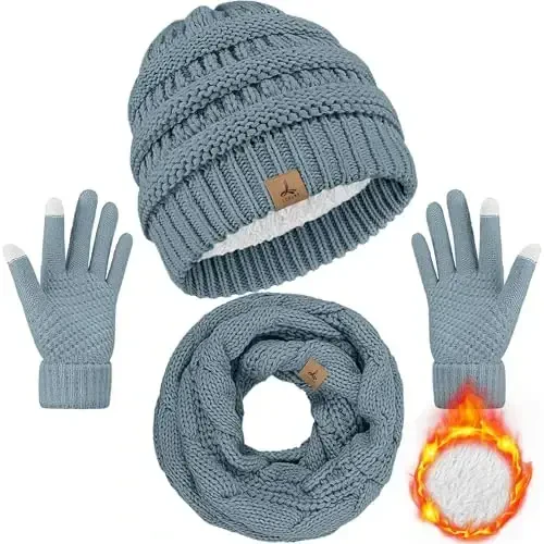 Winter Beanie Hat Scarf Gloves, Warm Fleece Knit Hats Touch Screen Gloves Neck Scarf Set Winter Gifts for Unisex Adult - 1