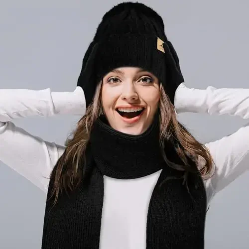 Зимняя шапка-бини, шарф, перчатки, теплый флисовый вязаный комплект: шапка, длинный шарф, сенсорные зимние перчатки, подарок для женщин. - 7