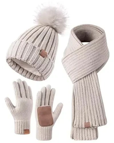 Winter Beanie Hat Scarf Gloves Set for Women, Womens Beanie with Pom Pom Long Scarf Neck Warmer Touchscreen Gloves 3 in 1 Set - 7