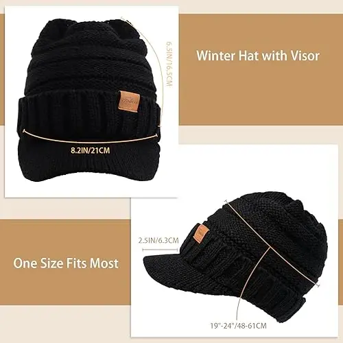 Winter Hats for Women - Thick Warm Stylish Knit Beanie Hat, Soft Stretch Cute Womens Winter Hats with Visor - 3