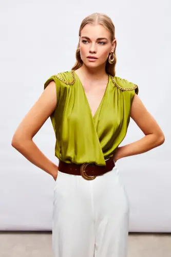Zincir Aksesuarlı Saten Bodysuit Bluz - YAĞ YEŞİLİ - YAĞ YEŞİLİ - 6