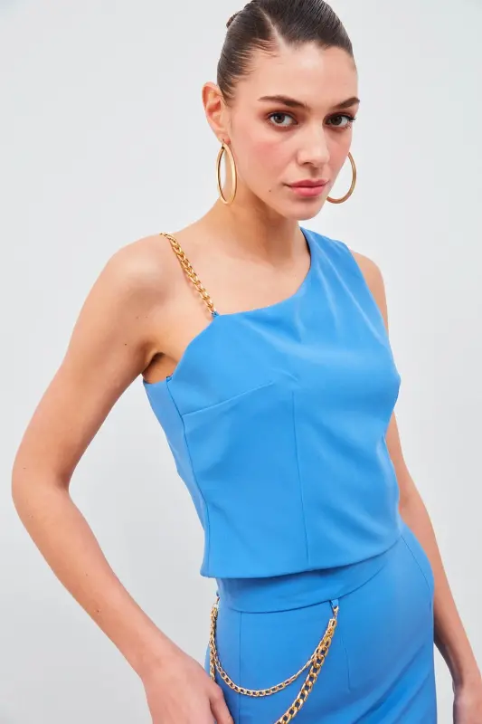 Zincir Askı Detaylı Crop Bluz - Mavi - MAVİ - 2