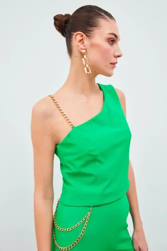 Zincir Askı Detaylı Crop Bluz - Yeşil-YEŞİL - SATEEN (1)