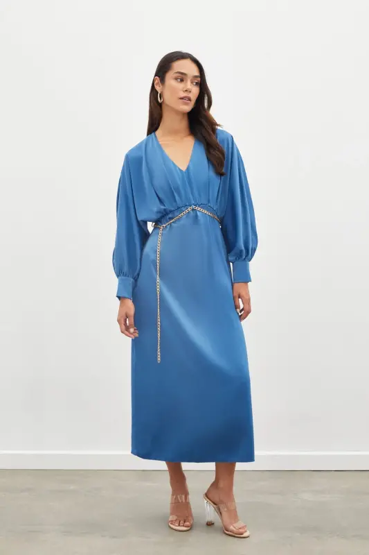 Zincir Kemerli Saten Elbise - Indigo-İNDİGO - 5