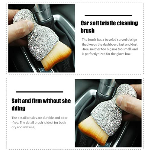 Zipelo Auto Interior Dust Brush, Car Detailing Cleaning Brush with Diamond, Bling Handle Soft Bristles Dusting Tool, Scratch Free Dirt Clean Brushes for Vehicle Dashboard, Air Conditioner Vent (White) - 3