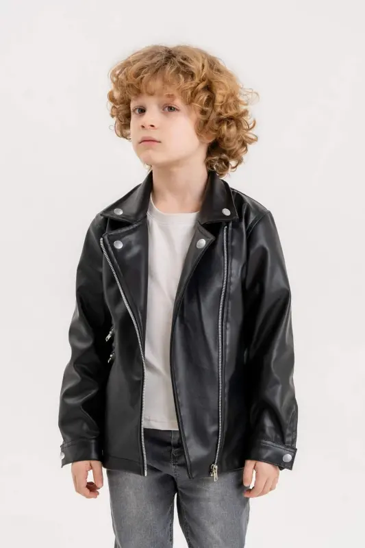 Zipped Boys Leather Jacket - Black - 3