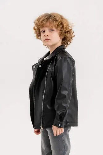 Zipped Boys Leather Jacket - Black - 5