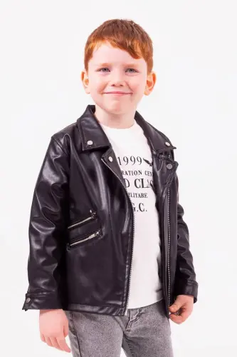 Zipped Boys Leather Jacket - Black - 7