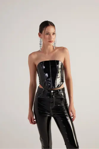 Zipper Closure Patent Leather Bria Bustier Black - 8