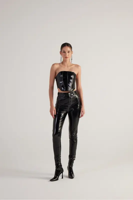 Zipper Closure Patent Leather Bria Bustier Black - 11