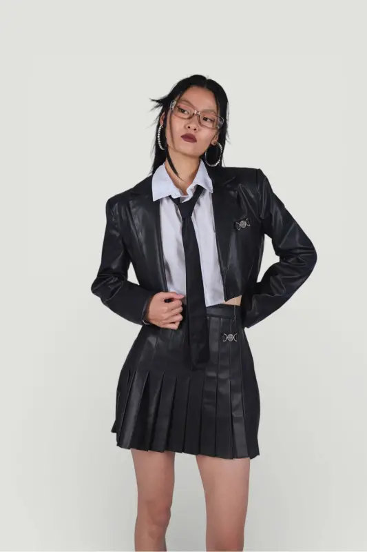 Zipper Closure Pleated Mini College Leather Skirt Black - 1