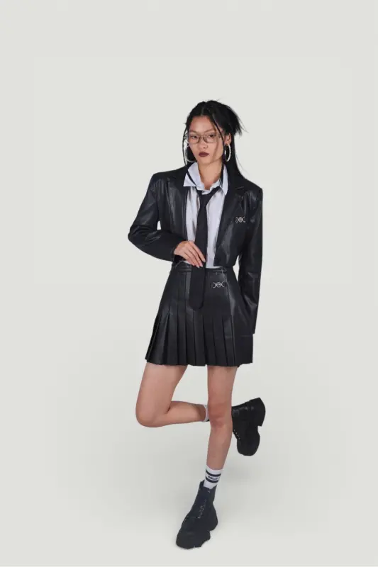 Zipper Closure Pleated Mini College Leather Skirt Black - 3