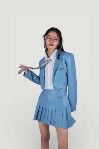 Zipper Closure Pleated Mini College Leather Skirt Blue - HOLLY LOLLY (1)