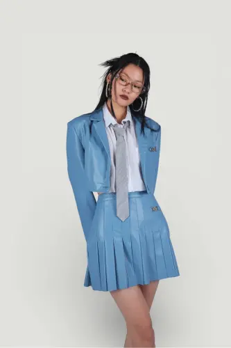 Zipper Closure Pleated Mini College Leather Skirt Blue - 3