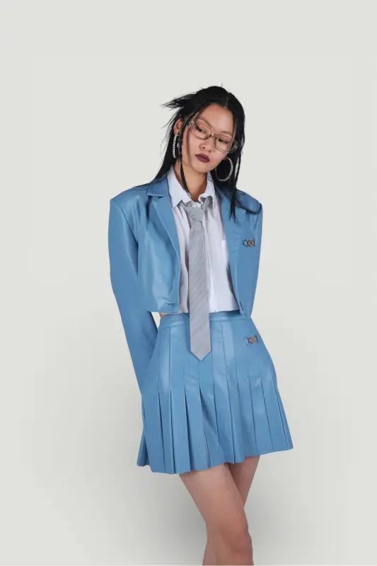 Zipper Closure Pleated Mini College Leather Skirt Blue - 3