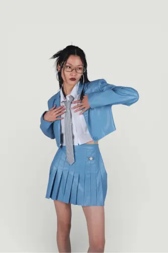 Zipper Closure Pleated Mini College Leather Skirt Blue - 4