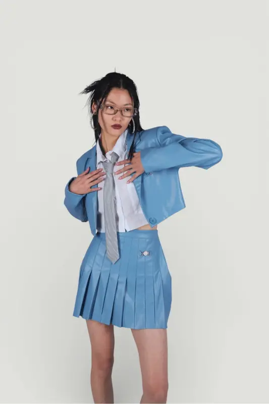 Zipper Closure Pleated Mini College Leather Skirt Blue - 4