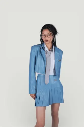 Zipper Closure Pleated Mini College Leather Skirt Blue - 5