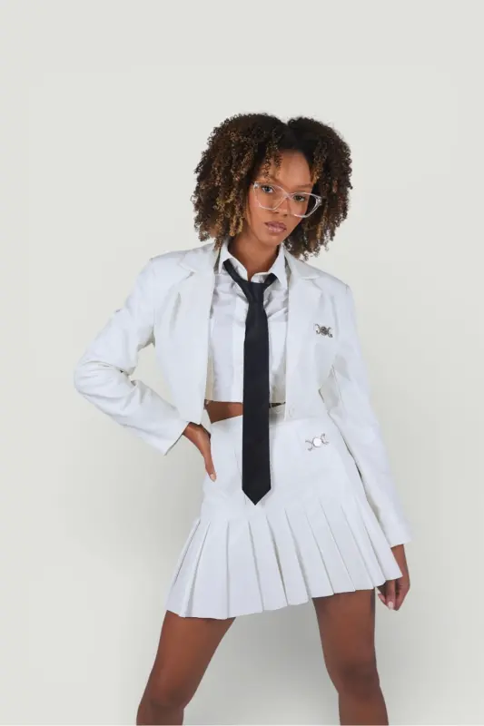 Zipper Closure Pleated Mini College Leather Skirt Ecru - HOLLY LOLLY