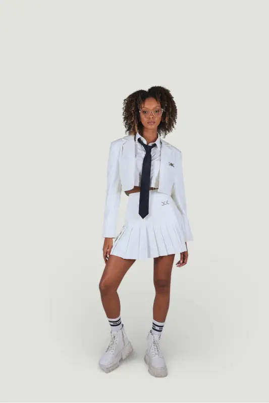 Zipper Closure Pleated Mini College Leather Skirt Ecru - 2