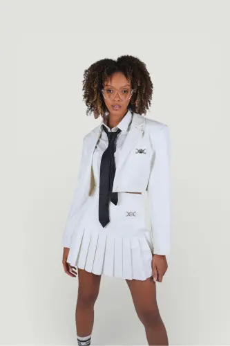 Zipper Closure Pleated Mini College Leather Skirt Ecru - 4