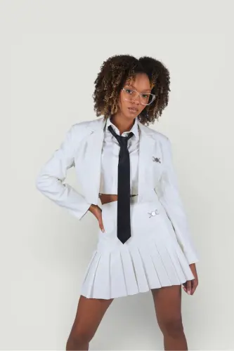 Zipper Closure Pleated Mini College Leather Skirt Ecru - 6