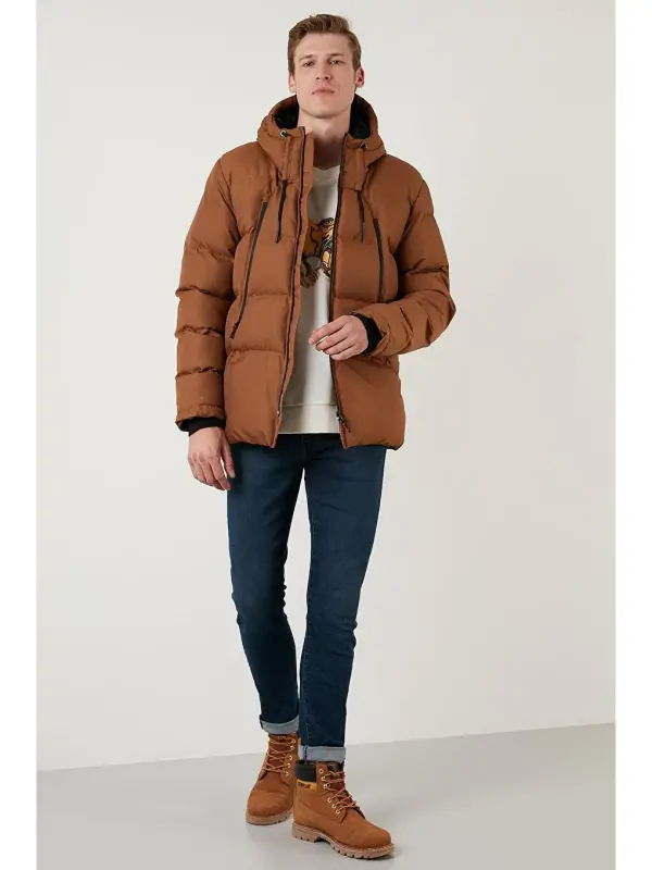 Zipper Closure Slim Fit Hooded Stand-Up Collar Jacket 5717101-Brown - 4