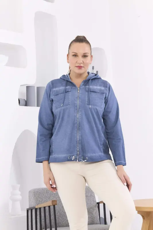 Zipper Detail Hooded Plus Size Indigo Washed Jacket - 1
