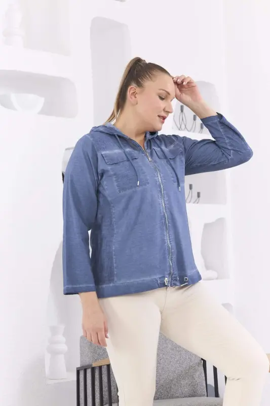 Zipper Detail Hooded Plus Size Indigo Washed Jacket - 2
