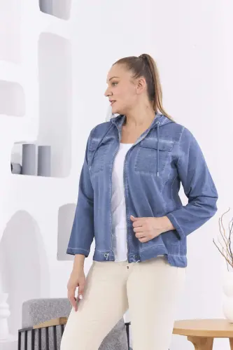Zipper Detail Hooded Plus Size Indigo Washed Jacket - 4