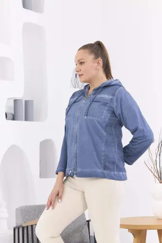 Zipper Detail Hooded Plus Size Indigo Washed Jacket - 5