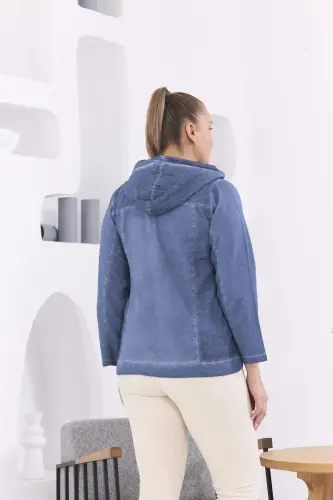 Zipper Detail Hooded Plus Size Indigo Washed Jacket - 6